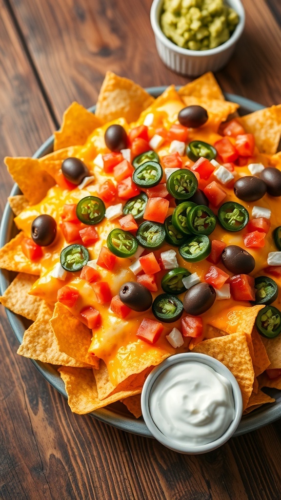 A colorful plate of cheesy nachos with jalapeños, tomatoes, and olives, served with guacamole and sour cream.